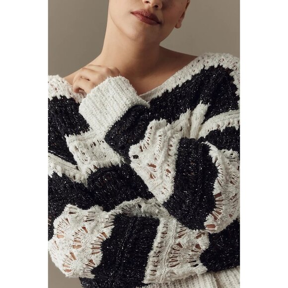 Amthropologie The Palmer Open Stitch Pullover Sweater by Pilcro Sz M Black White - Picture 1 of 11